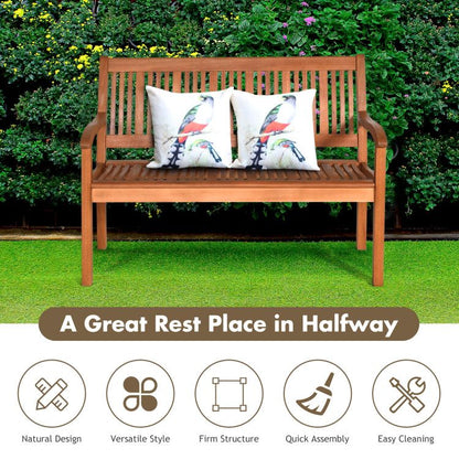 Two Person Solid Wood Garden Bench with Curved Backrest and Wide Armrest - Renee Lane Company