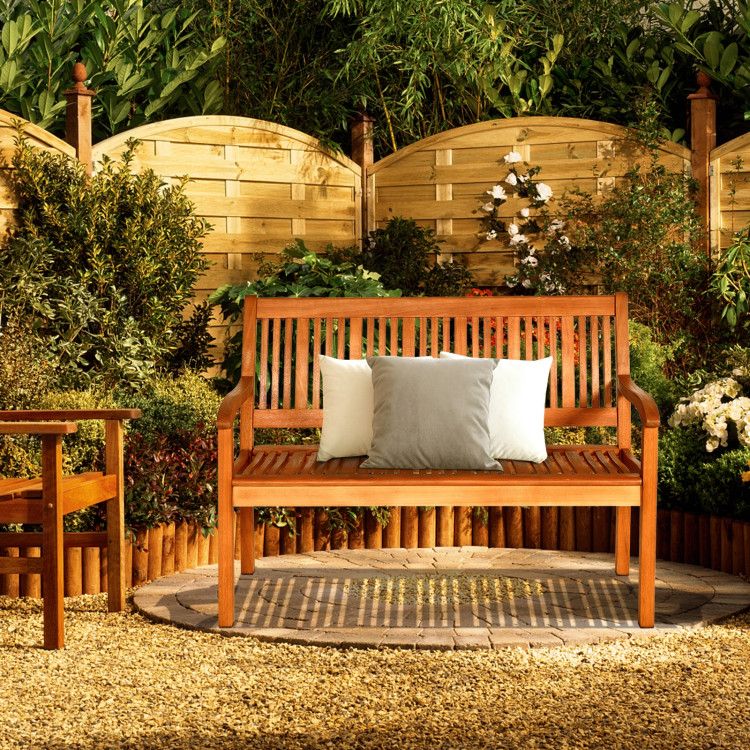 Two Person Solid Wood Garden Bench with Curved Backrest and Wide Armrest - Renee Lane Company