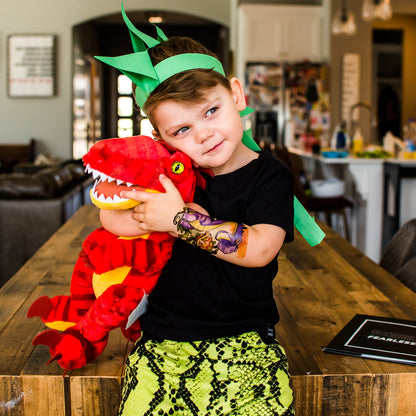 Kids temporary dinosaur tattoo sleeve on arm, colorful dino art