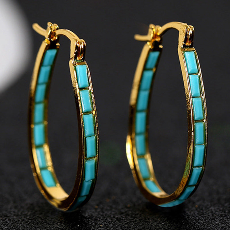 U Shape Hoop Earrings Inlaid Square Shape Synthetic Gems Fashion Piercing Earrings Jewelry 1 Pair - Renee Lane Company