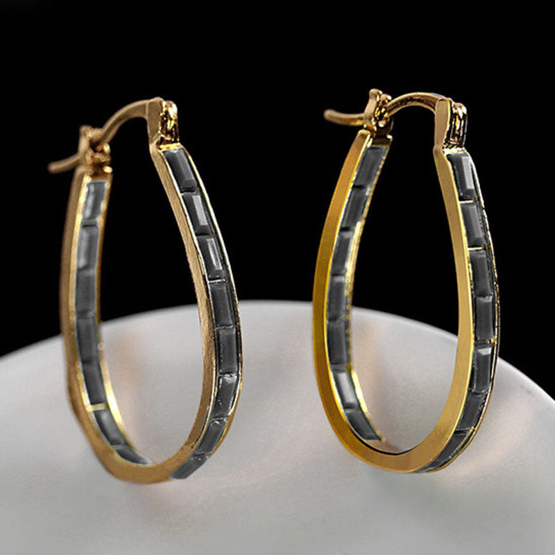 U Shape Hoop Earrings Inlaid Square Shape Synthetic Gems Fashion Piercing Earrings Jewelry 1 Pair - Renee Lane Company