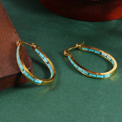 U Shape Hoop Earrings Inlaid Square Shape Synthetic Gems Fashion Piercing Earrings Jewelry 1 Pair - Renee Lane Company