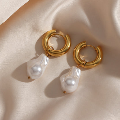 Gold-tone hoop water-drop earrings with white synthetic pearl drops