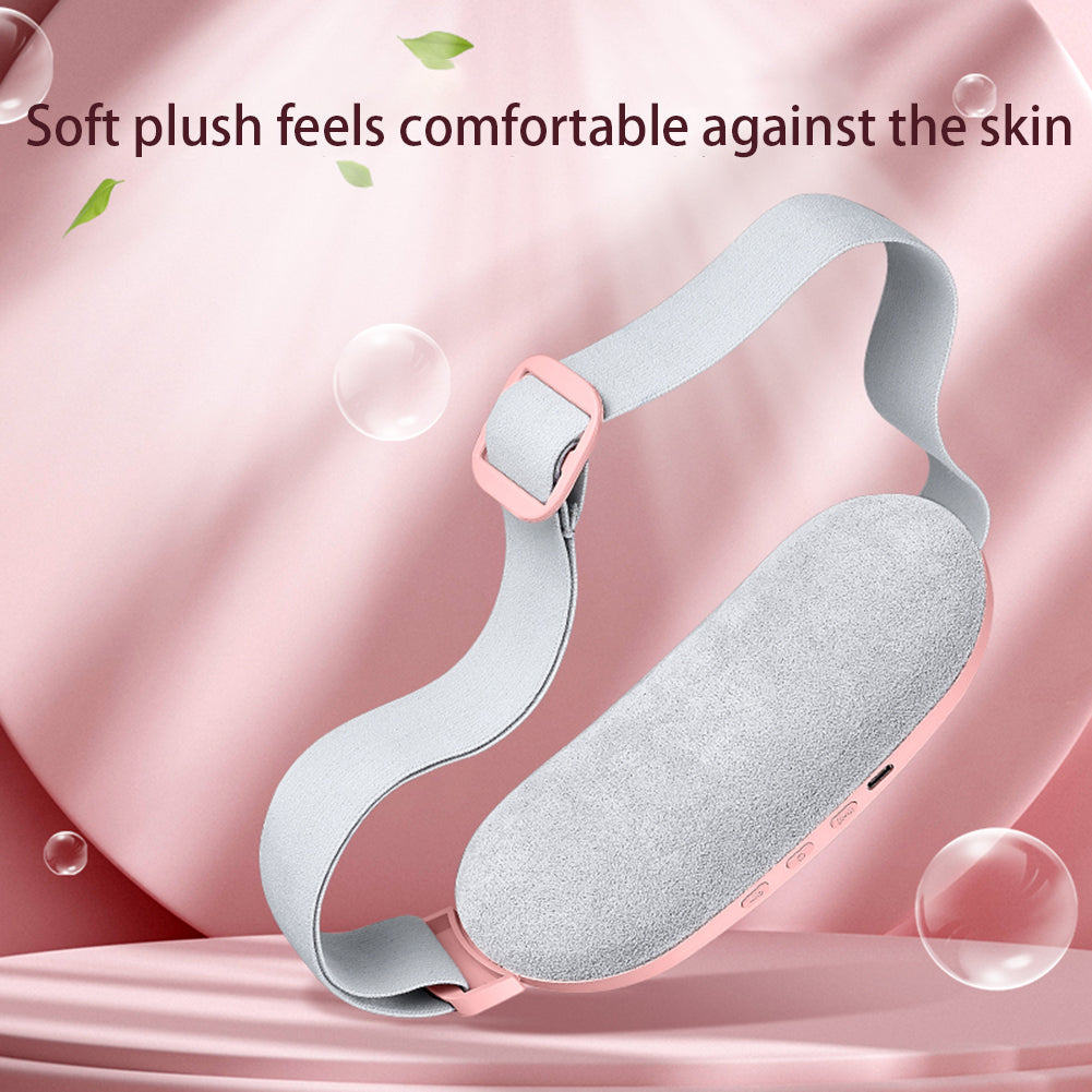Pink and gray abdominal massage belt with plush inner pad and fastening strap