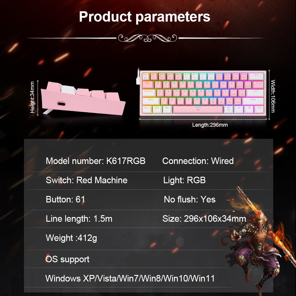 Mini wired gaming keyboard spec panel with wired connection and RGB lighting