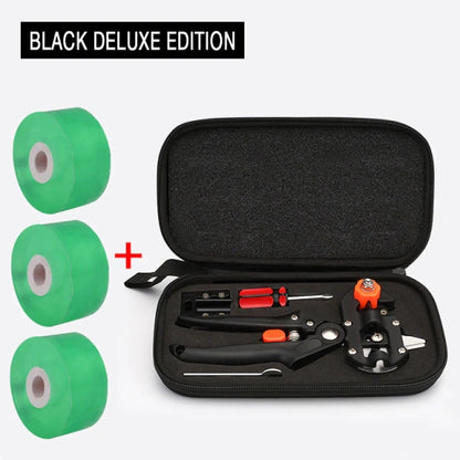Pruning shears in black zip case with orange/red parts and green tape rolls
