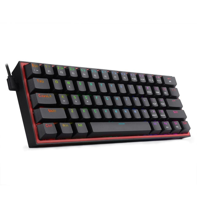 Mini wired gaming keyboard with dark keycaps, red accents, and RGB lighting