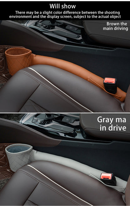 Car seat gap filler shown in brown and gray; long strap with cup storage ends