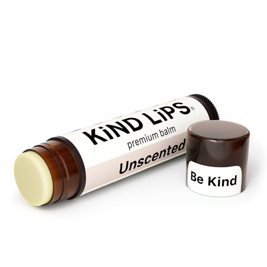 Kind Lips unscented lip balm tube with twist-up balm, dark brown cap