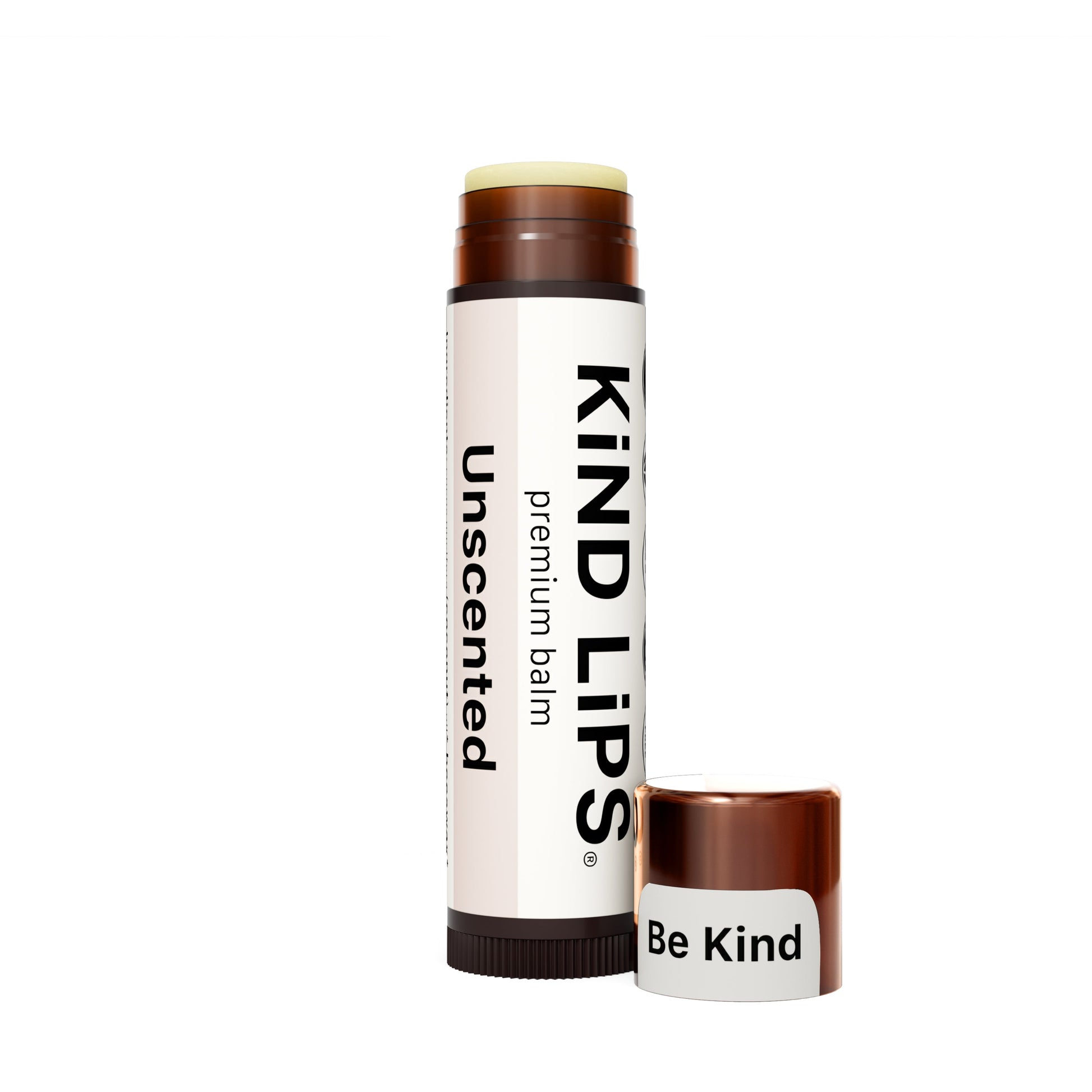 Kind Lips unscented lip balm stick and tube with brown cap, side view