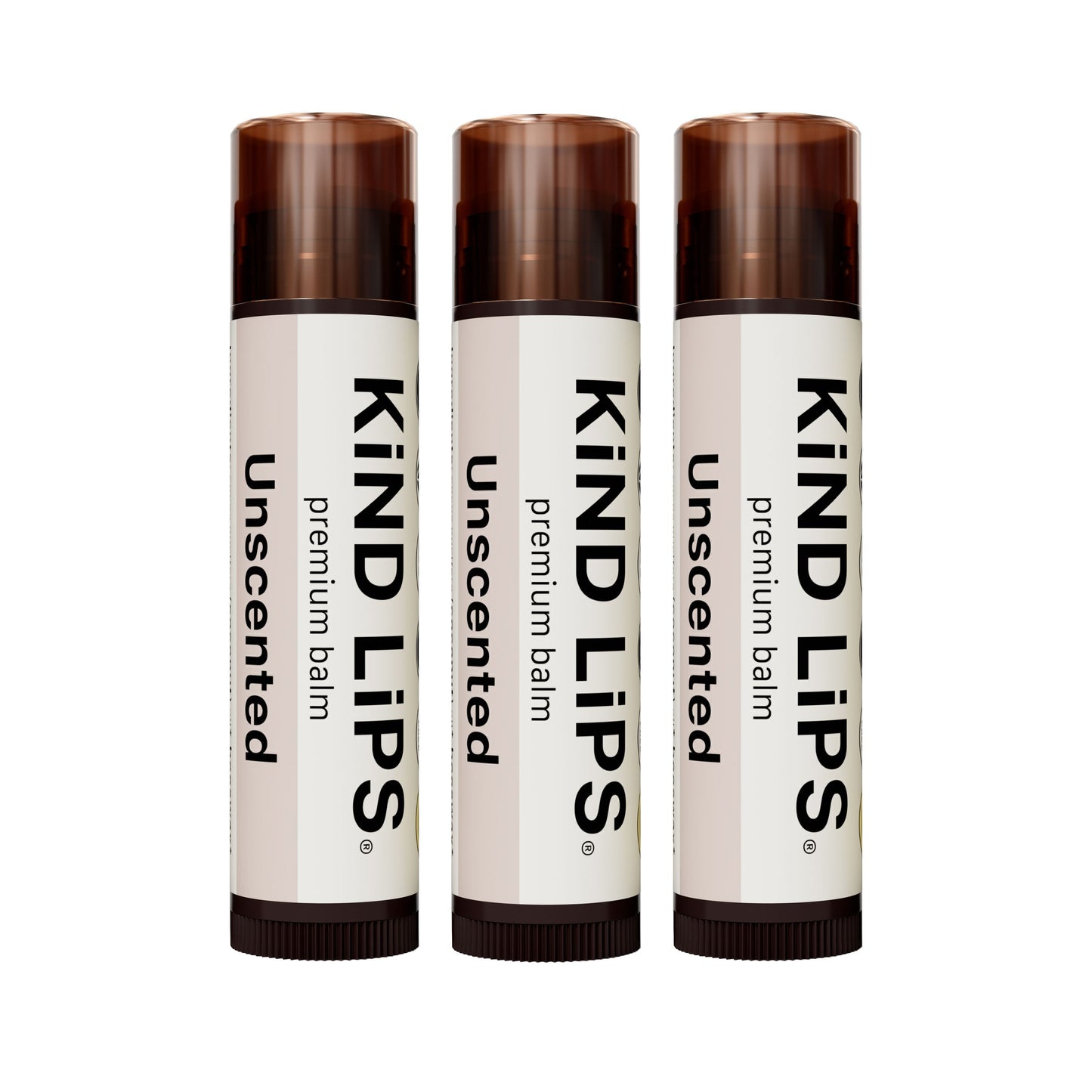 Three Kind Lips unscented lip balm tubes with brown caps