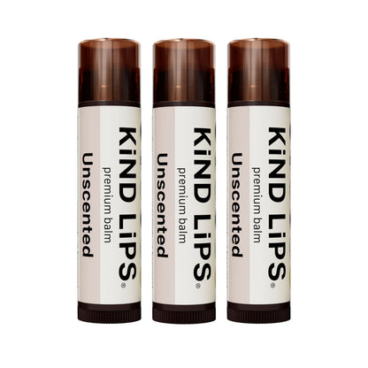 Three Kind Lips unscented lip balm tubes with brown caps