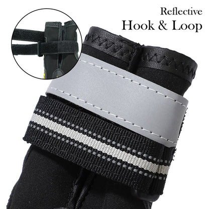 Waterproof reflective dog boot strap with hook-and-loop closure and silver reflective band