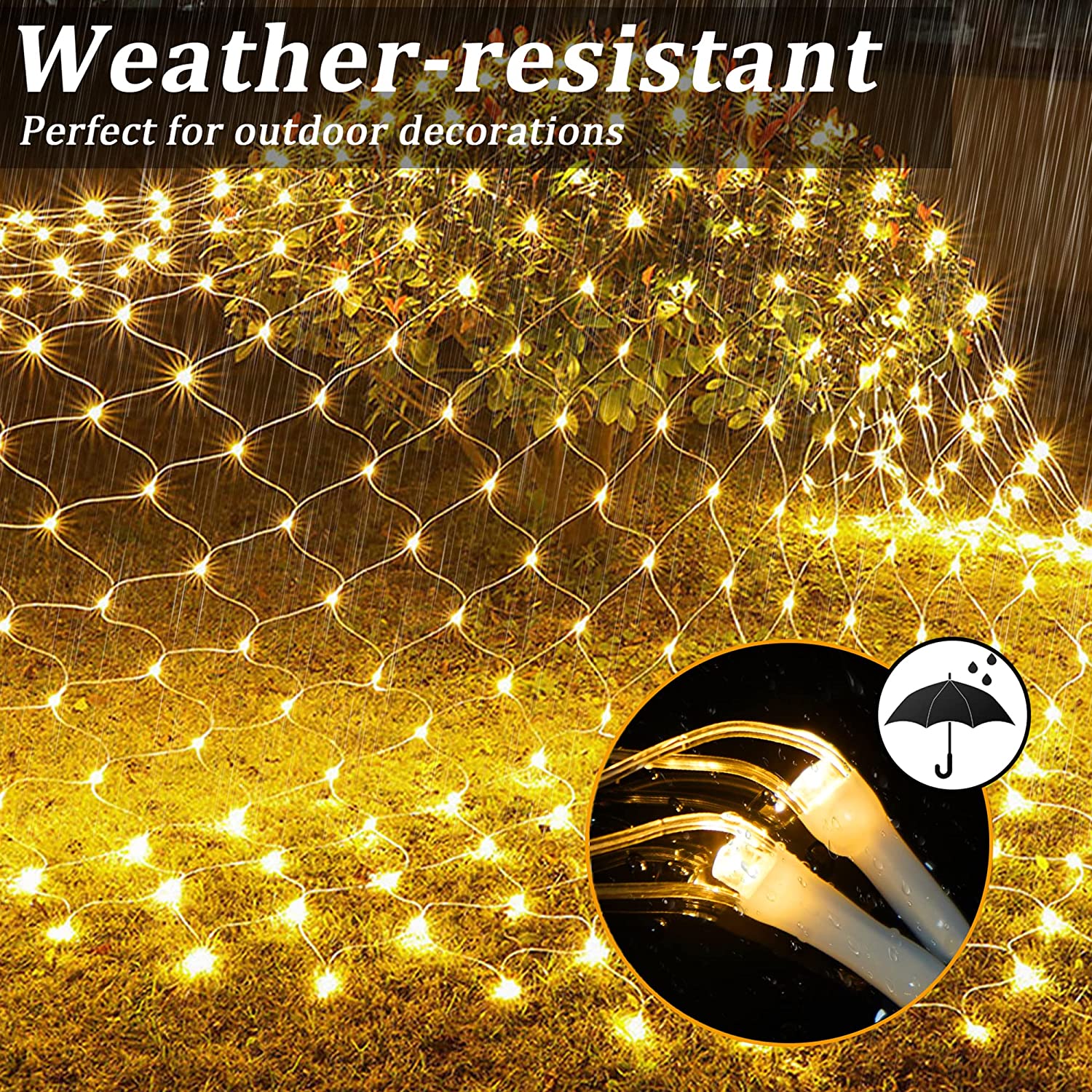 Net mesh solar fairy lights with warm white glow on the ground