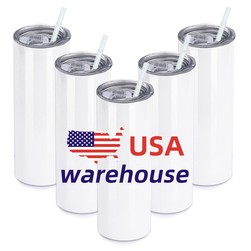 White 20oz stainless steel sublimation tumbler set with clear plastic straw lids