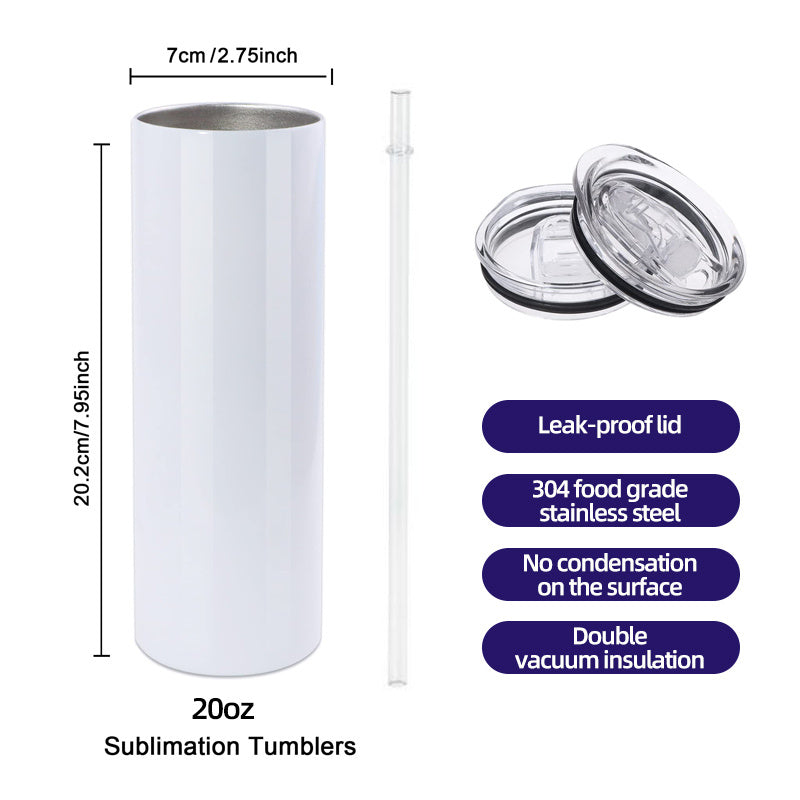White sublimation tumbler with leak-proof lid, clear straw, 20oz size shown