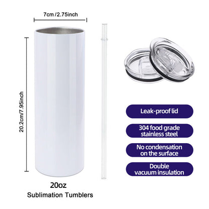 White sublimation tumbler with leak-proof lid, clear straw, 20oz size shown