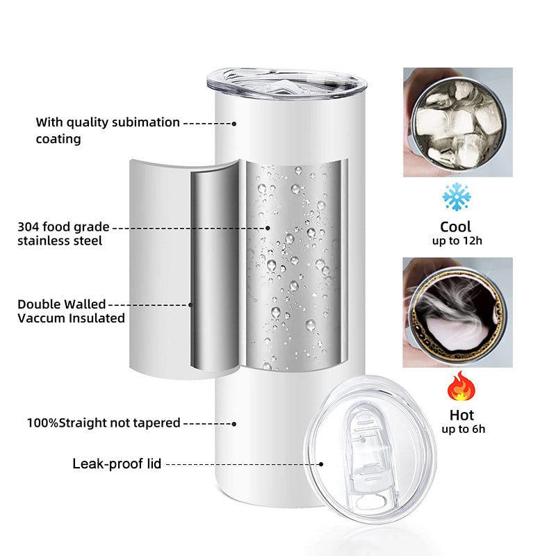 White double-wall vacuum insulated stainless tumbler with leak-proof lid and straw