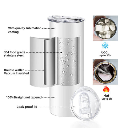 White double-wall vacuum insulated stainless tumbler with leak-proof lid and straw