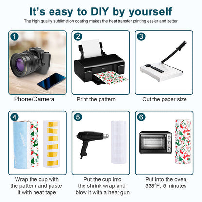 Sublimation tumbler DIY instructions graphic with printing, cutting, and heat pressing steps