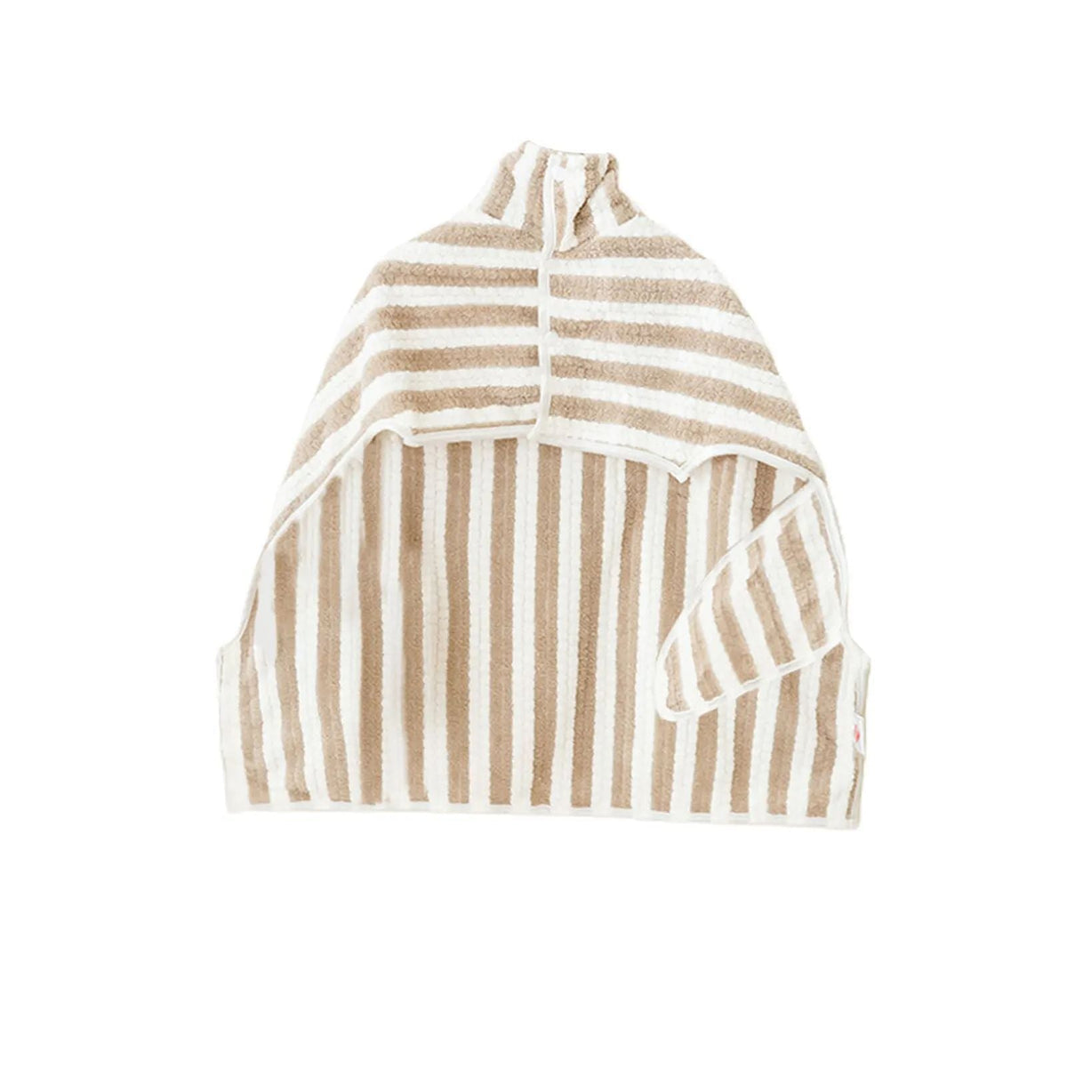 Dog bath towel robe with tan striped pattern, hooded towel wrap