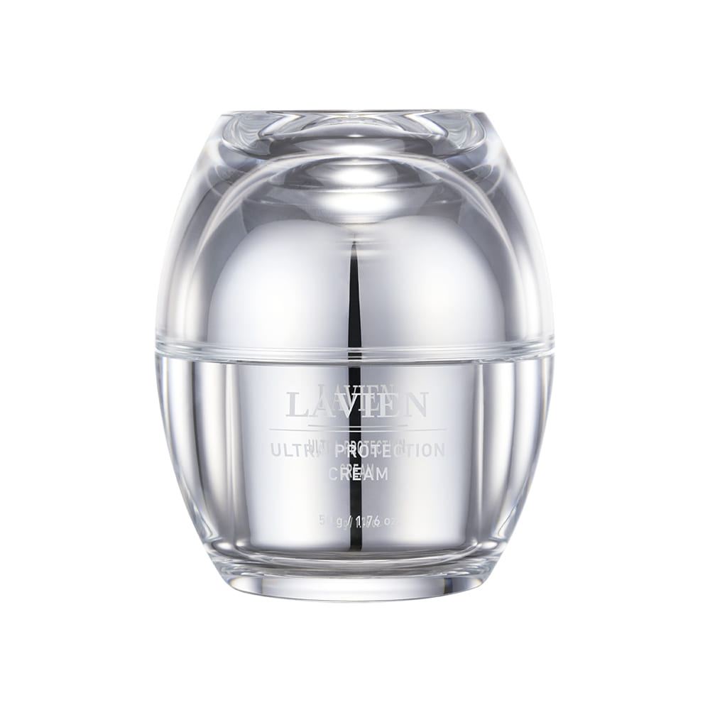 Ultra Protection Cream jar with clear lid, silver-toned container