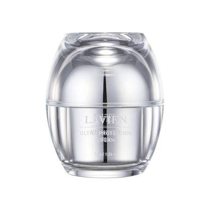Ultra Protection Cream jar with clear lid, silver-toned container