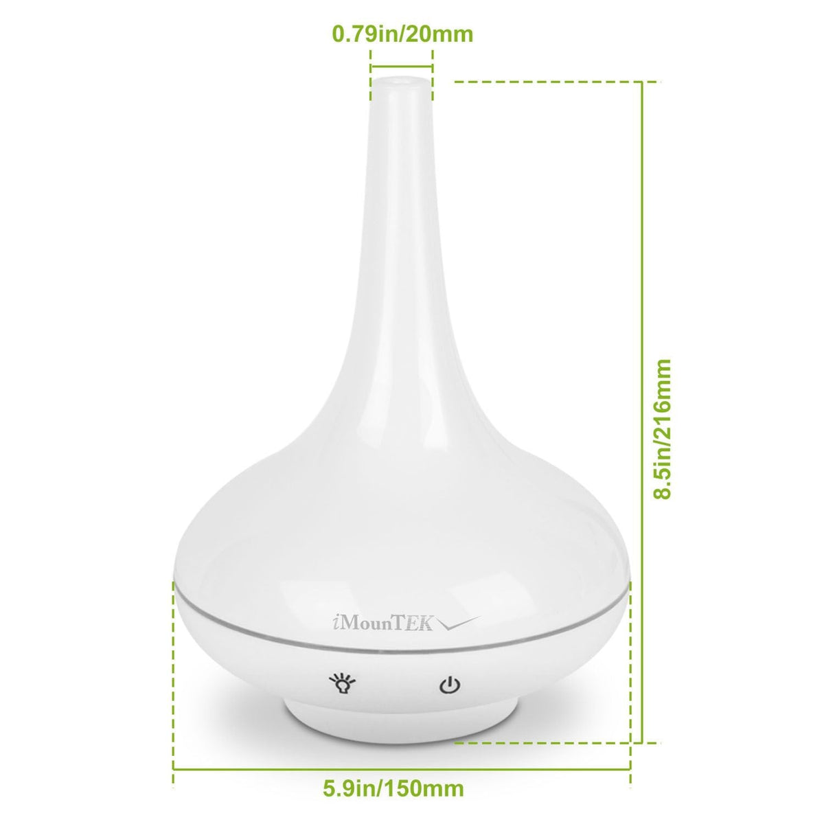 White ultrasonic aroma diffuser humidifier with size diagram and mist vent