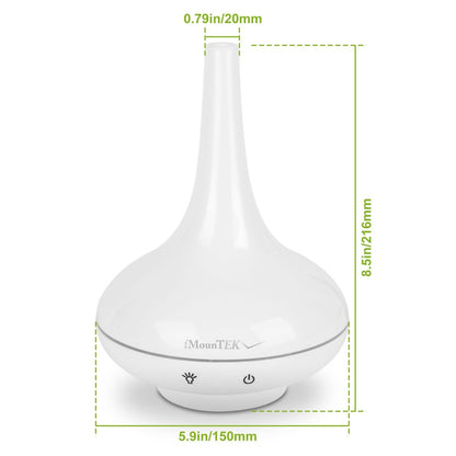 White ultrasonic aroma diffuser humidifier with size diagram and mist vent