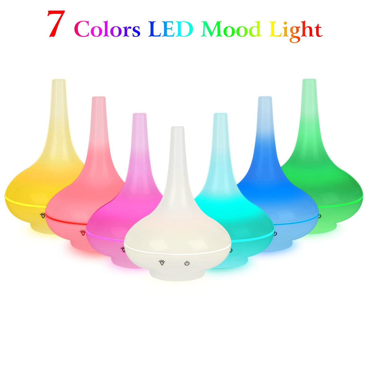 Ultrasonic aroma diffuser humidifier set showing 7 LED color options in different hues