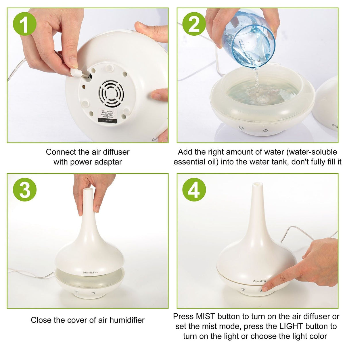 White ultrasonic air humidifier diffuser, hands removing lid and pressing mist buttons