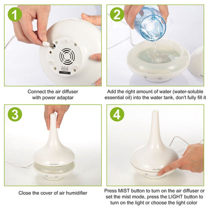 White ultrasonic air humidifier diffuser, hands removing lid and pressing mist buttons