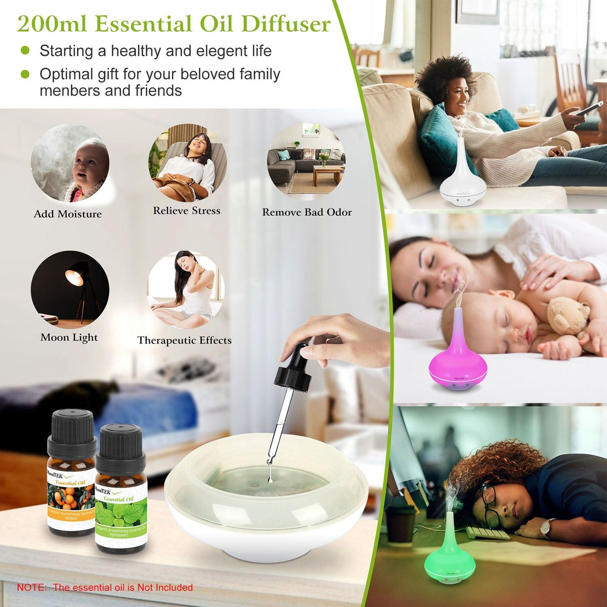 200ml essential oil diffuser humidifier with multi-color LED lights and mist modes