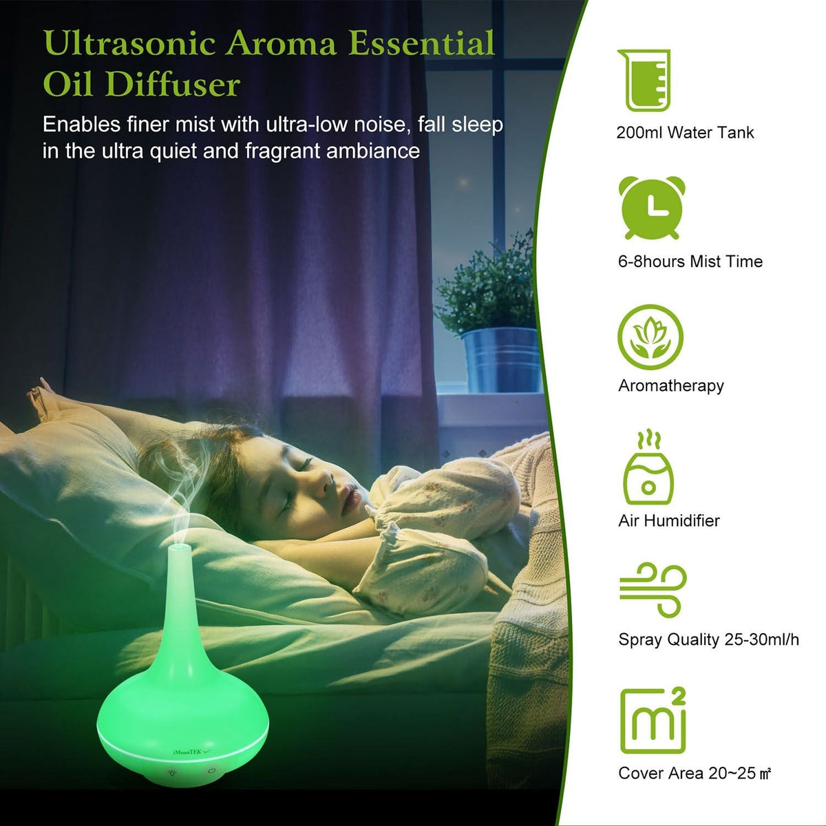 Green ultrasonic aroma essential oil diffuser humidifier with sleep and mist output callouts