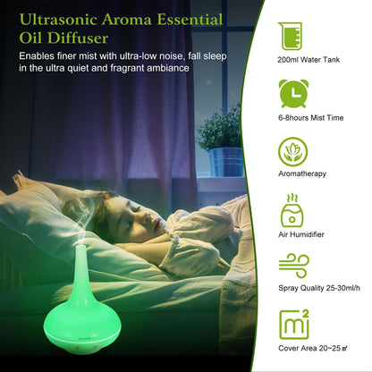 Green ultrasonic aroma essential oil diffuser humidifier with sleep and mist output callouts