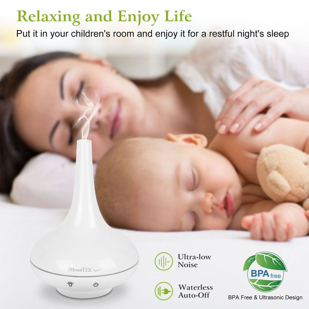 White ultrasonic cool mist humidifier and aroma diffuser with ultra-low noise and auto-off