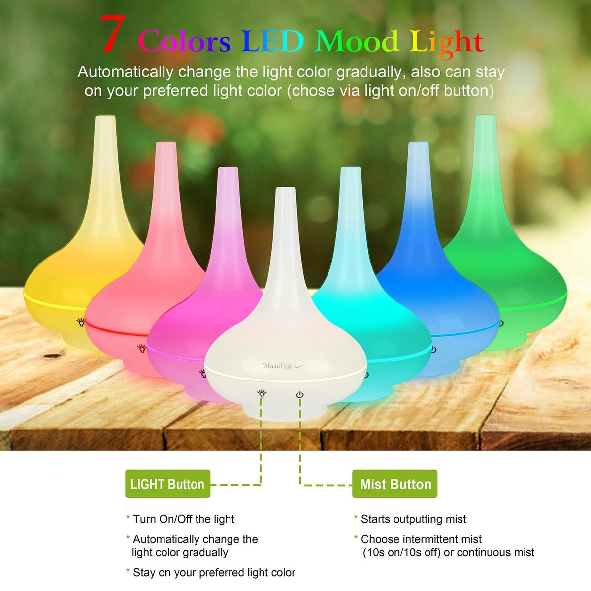 Ultrasonic aroma humidifier with color-mood LED lights, multicolor device lineup