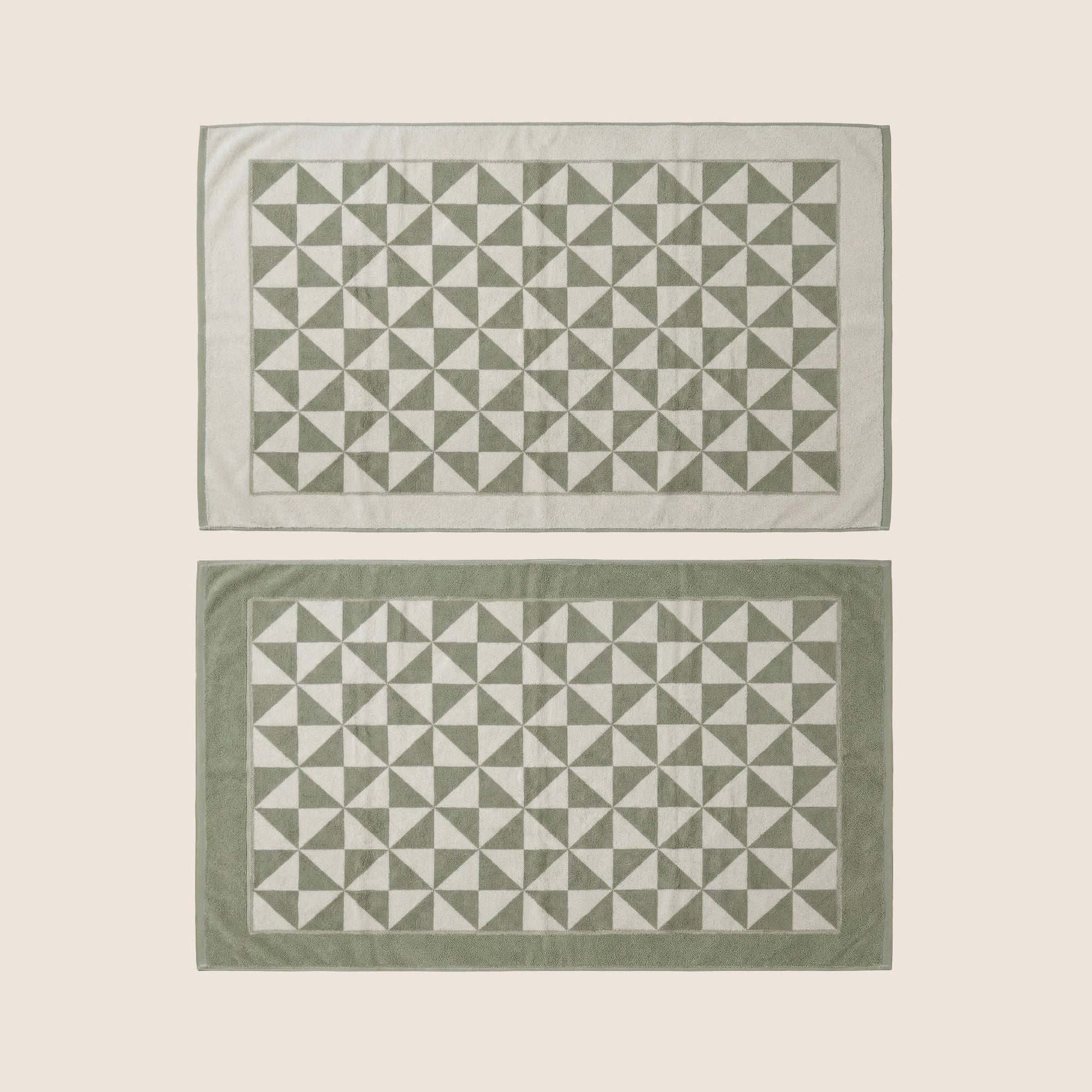 Cotton beach towel layout, gray-green and white geometric triangle stripes