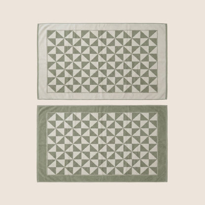 Cotton beach towel layout, gray-green and white geometric triangle stripes