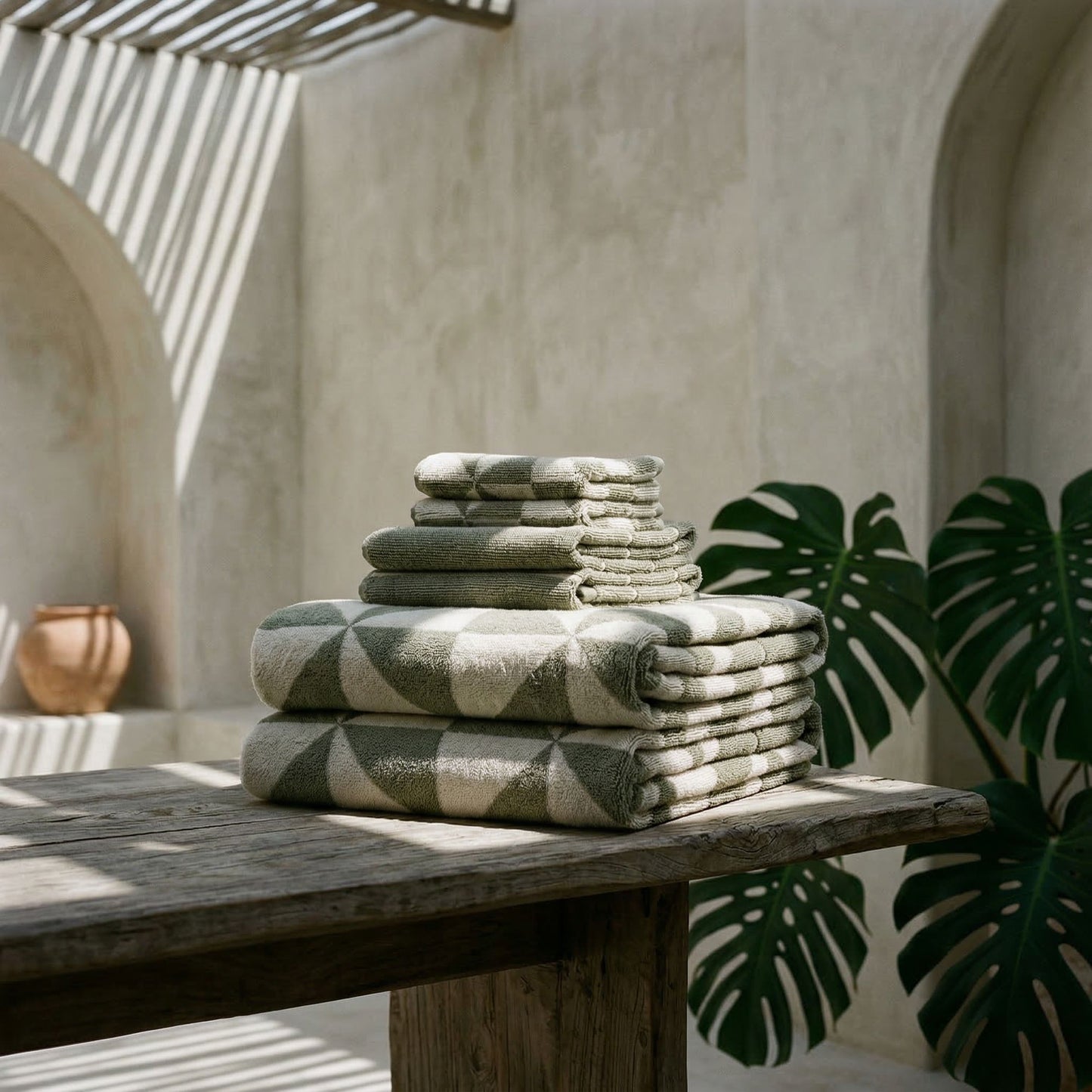 Sage and ecru cotton towel set, stacked folded with striped bands