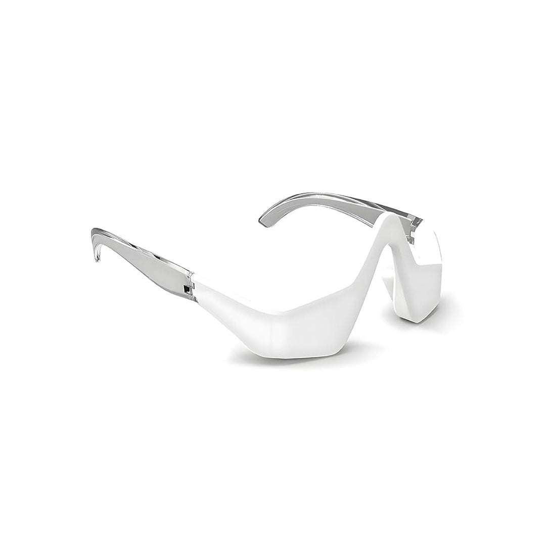 Under-eye red light therapy massager glasses, white frame with silver curved arms