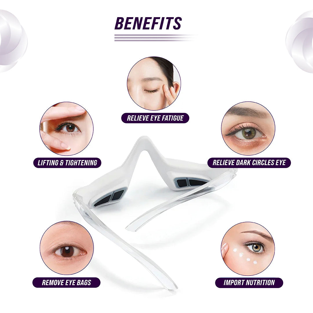 Under-eye red light therapy massager glasses on a person, white frame with side dark pads