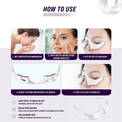 Under-eye red light therapy massager glasses, white frame with control module on each arm