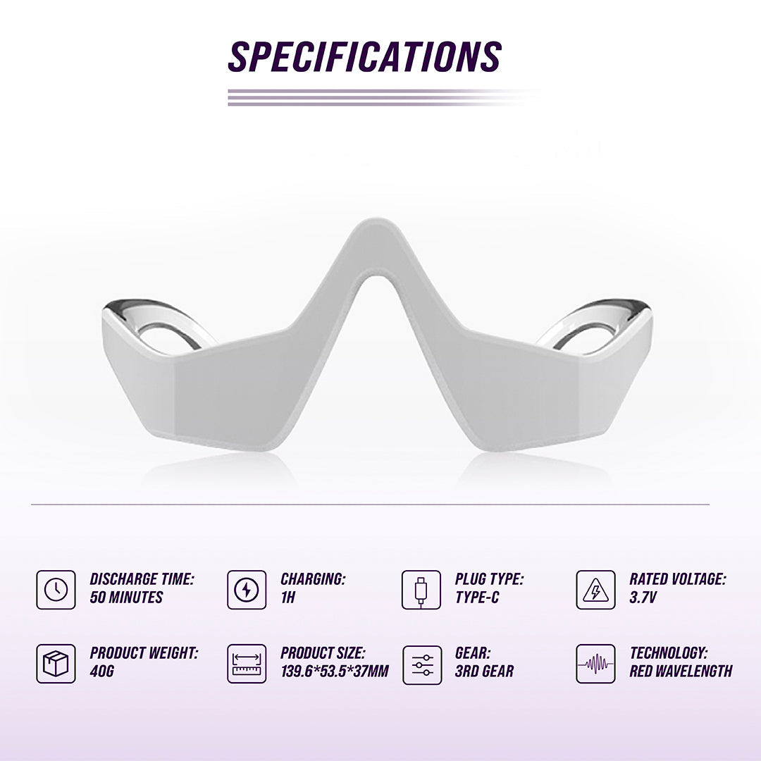Under-eye red light therapy massager glasses, white V-shaped frame with side lens modules