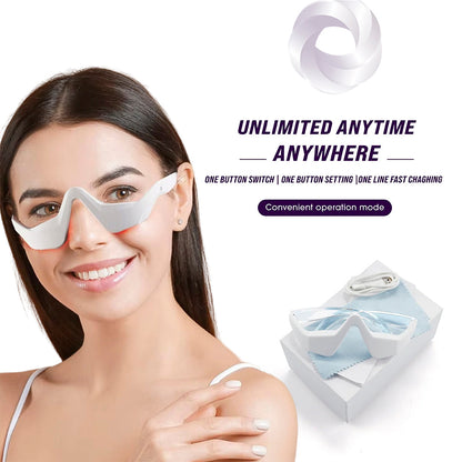 Under-eye red light therapy massager glasses on a smiling person, white frame