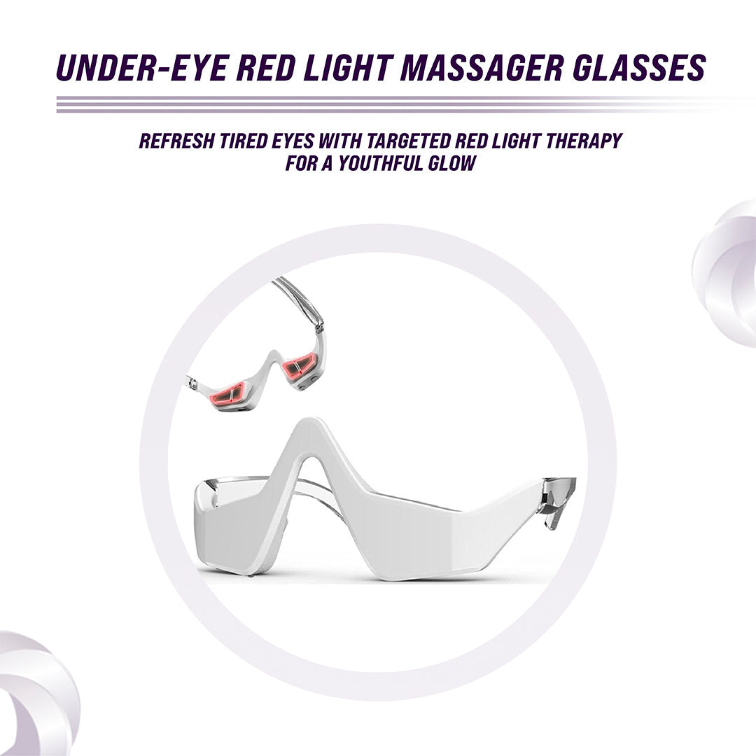 Under-eye red light therapy massager glasses, white frame with chrome highlights on arms
