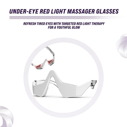 Under-eye red light therapy massager glasses, white frame with chrome highlights on arms