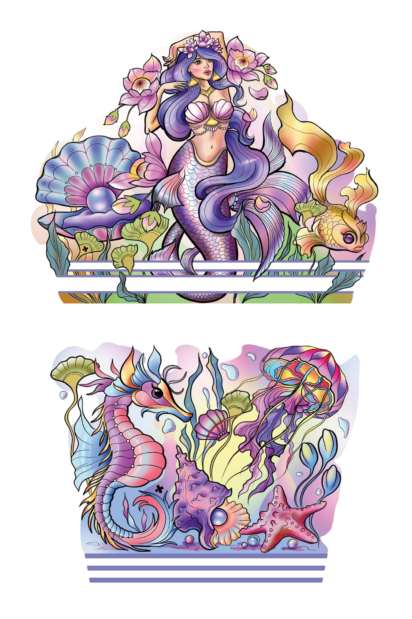 Temporary kids under-the-sea tattoo sleeve sheet with purple mermaid and sea life