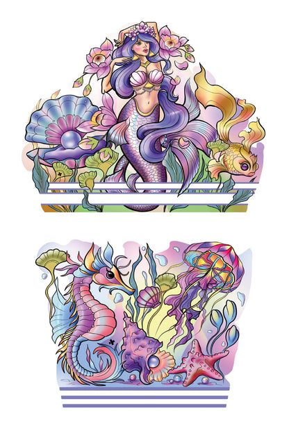 Temporary kids under-the-sea tattoo sleeve sheet with purple mermaid and sea life