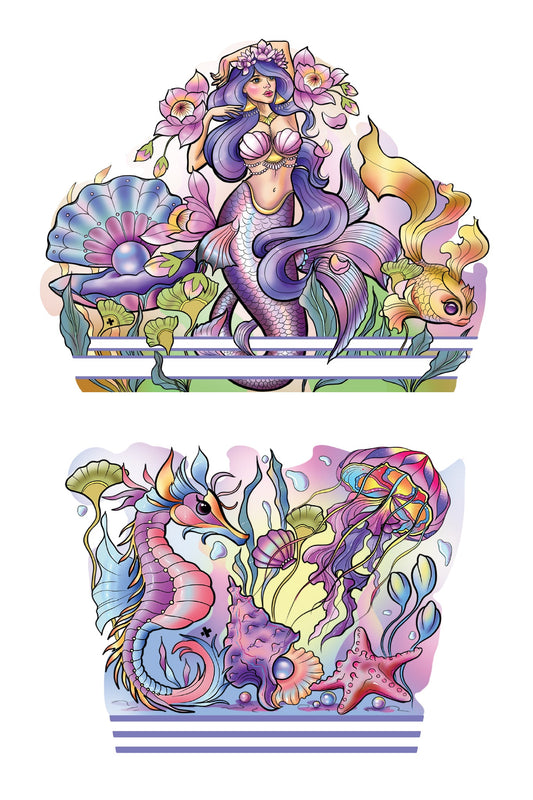Temporary kids under-the-sea tattoo sleeve sheet with purple mermaid and sea life